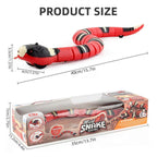Red electric snake toy with packaging and measurements on a white background