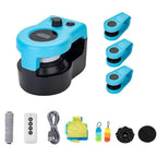 Blue and black device with accessories on a white background