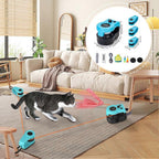 Cat playing with a toy on a rug in a living room, with close-up insets of the toy and its components.