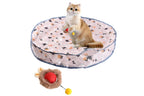 Cat sitting on a patterned mat with a toy, on a white background