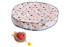 Round pet mat with cat pattern and a toy mouse on a white background
