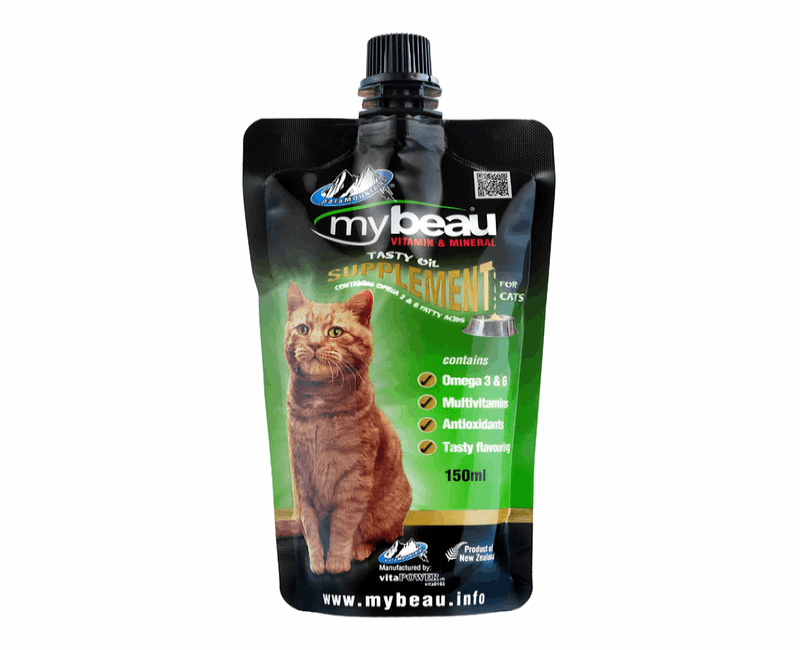 Cat supplement pouch with 'mybeau' branding on a white background