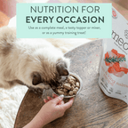 Cat eating from a bowl with a hand, next to a bag of pet food on a wooden surface.