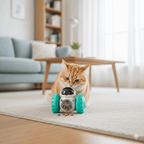 Cat playing with a toy robot in a living room
