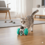 Cat playing with a robot toy on a wooden floor in a living room.