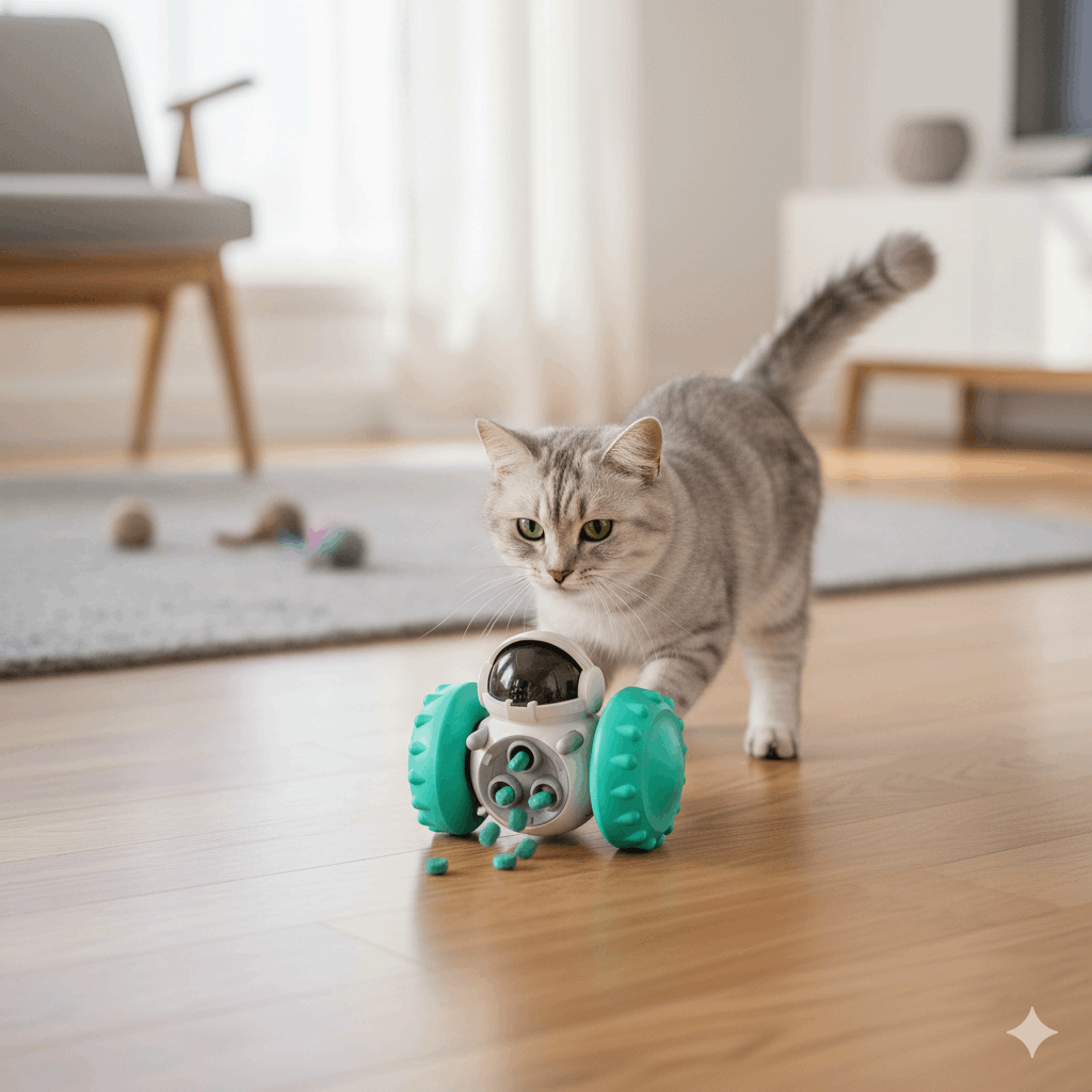 Cat playing with a robot toy on a wooden floor in a living room.