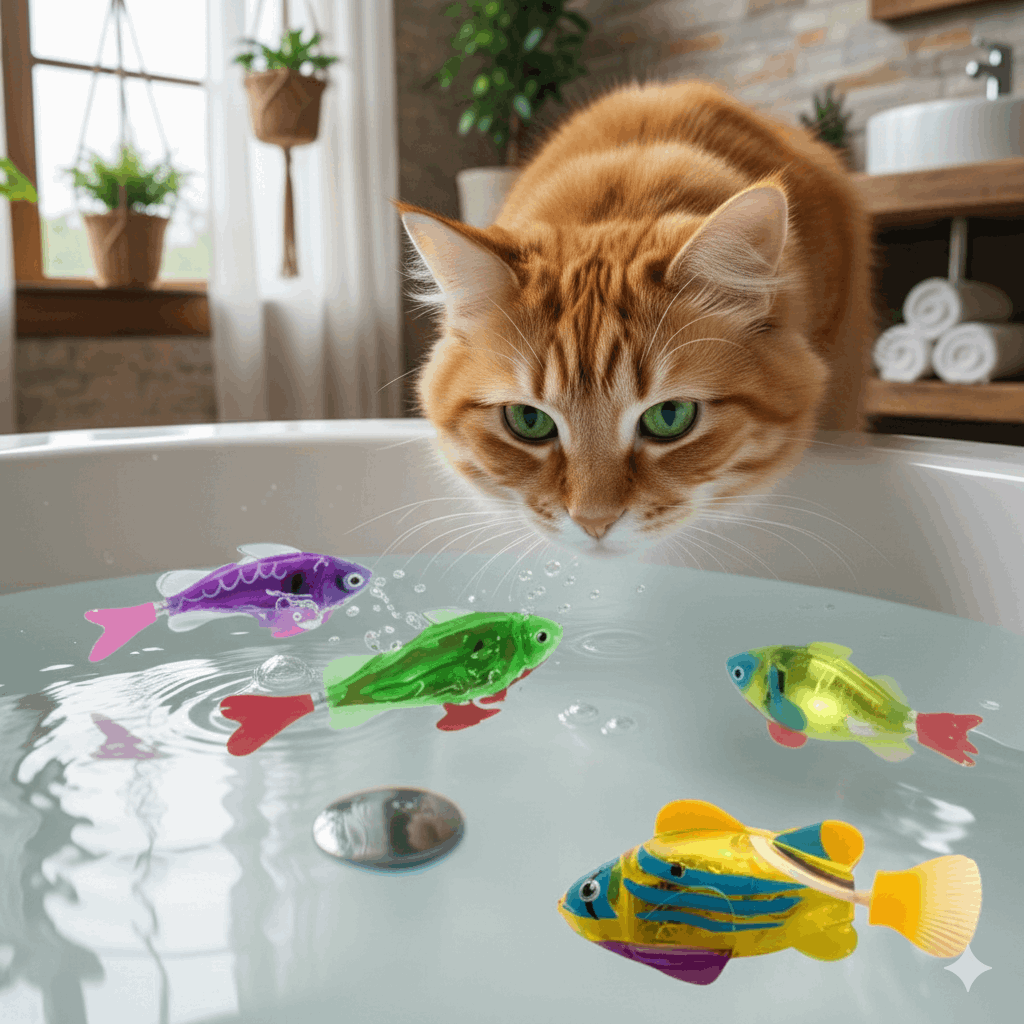 Cat playing with colorful fish toys in a bathtub