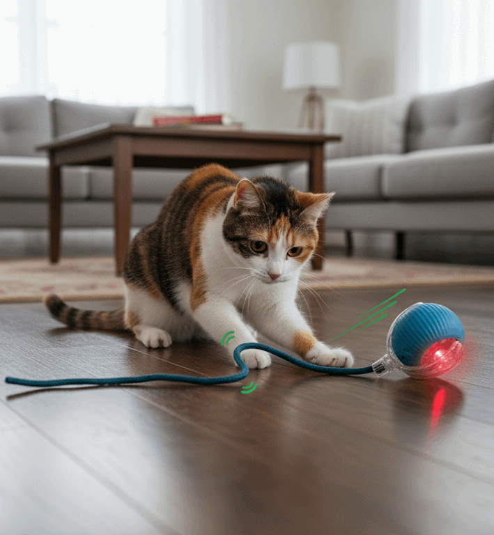 Cat playing with a toy on a wooden floor in a living room.