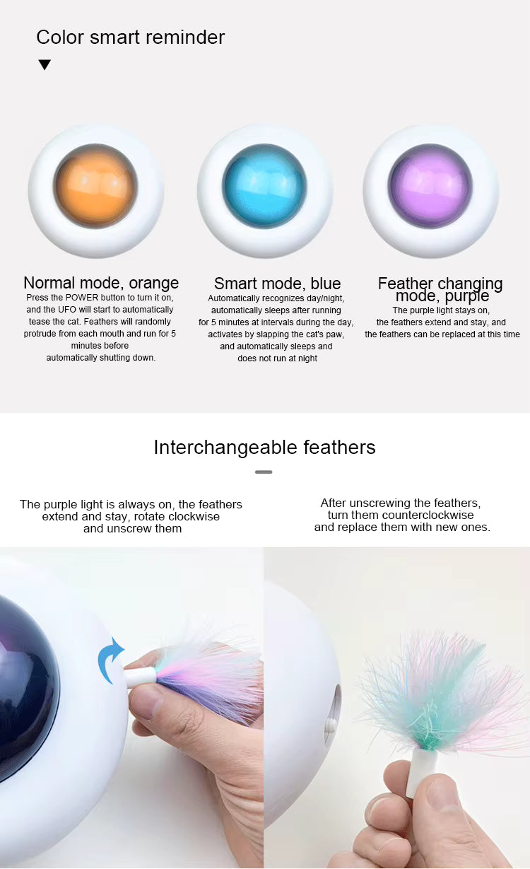 Color smart reminder device with interchangeable feathers and mode explanations.