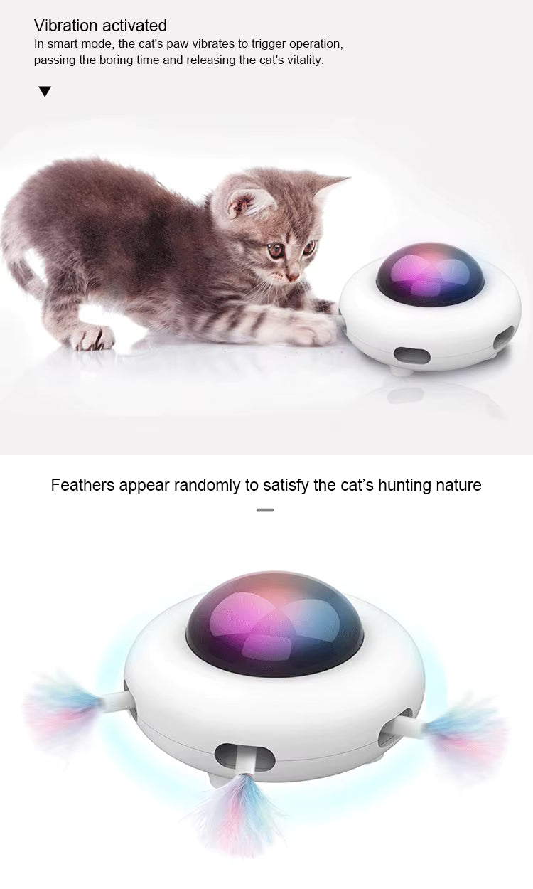 Cat playing with a toy that vibrates and has colorful feathers
