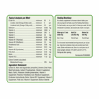 Nutritional label and feeding directions for a pet food product on a white background
