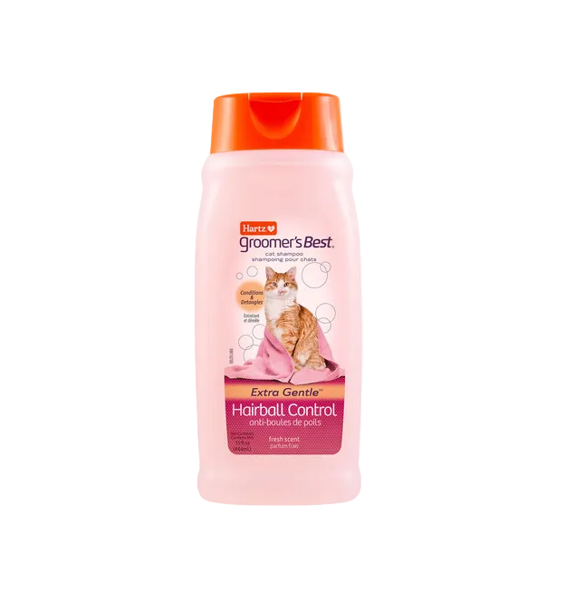 Cat shampoo bottle with pink label and orange cap on a white background