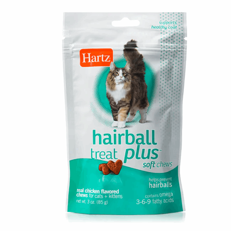 Hartz hairball treat plus soft chews packaging with a cat on the label.