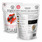 Meow pet food packaging with chicken and king salmon recipe on a white background