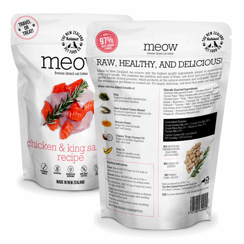 Meow pet food packaging with chicken and king salmon recipe on a white background