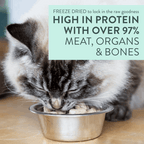 Cat eating from a bowl with text about high-protein, freeze-dried pet food.