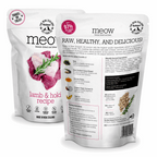 Meow pet food package with lamb & hoki recipe on a white background