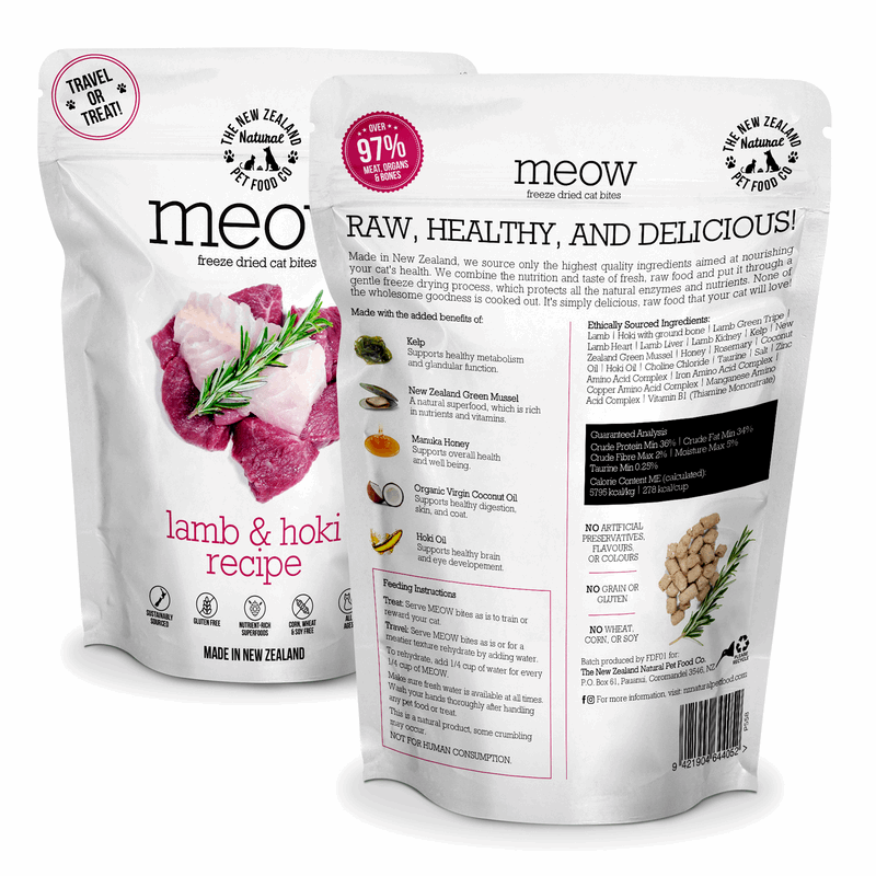 Meow pet food package with lamb & hoki recipe on a white background