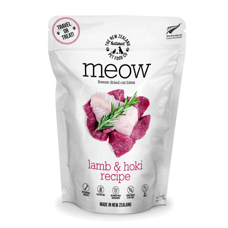 Package of meow freeze-dried cat bites with lamb and hoki recipe on a white background