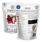Two packages of 'meow' beef & hoki recipe pet food on a white background