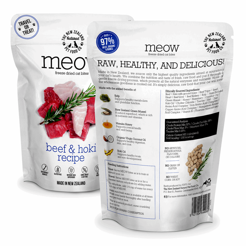 Two packages of 'meow' beef & hoki recipe pet food on a white background