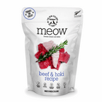 Package of meow freeze-dried cat bites with beef and hoki recipe on a white background