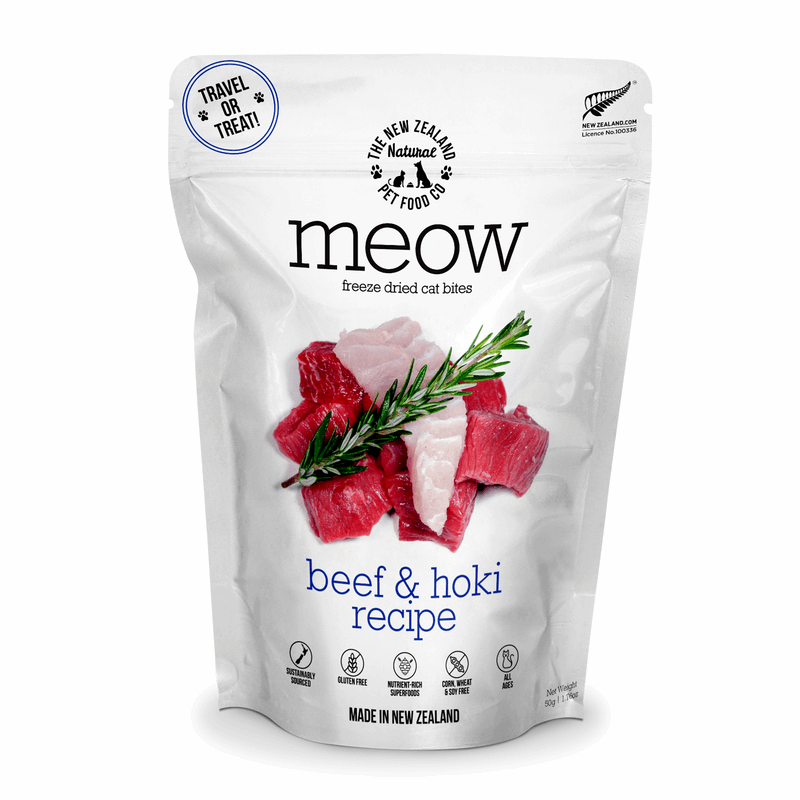 Package of meow freeze-dried cat bites with beef and hoki recipe on a white background
