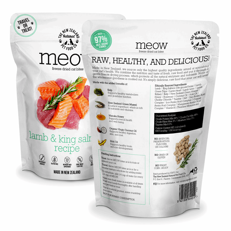Two packages of 'meow' raw pet food with text and images on a white background