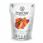 Package of meow lamb & king salmon recipe cat food on a white background