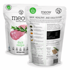 Meow freeze-dried cat food package with duck recipe on a white background