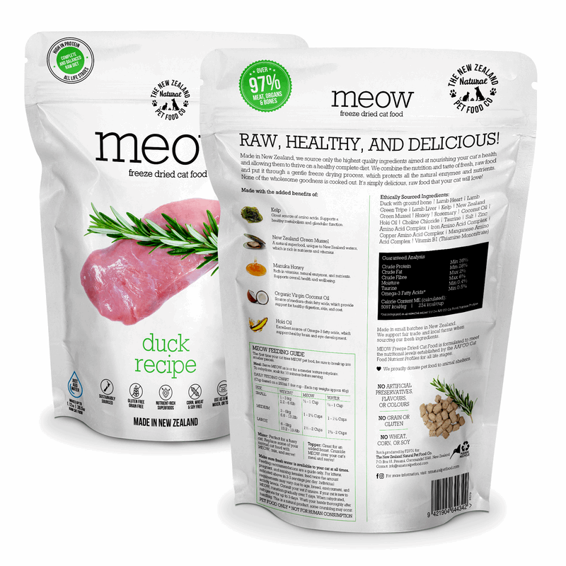 Meow freeze-dried cat food package with duck recipe on a white background