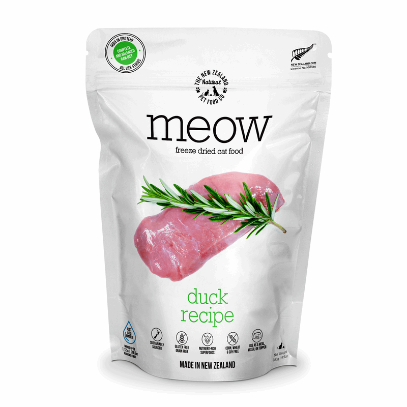 Package of meow freeze dried cat food with duck recipe on a white background