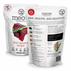 Two packages of meo! wild venison recipe pet food on a white background