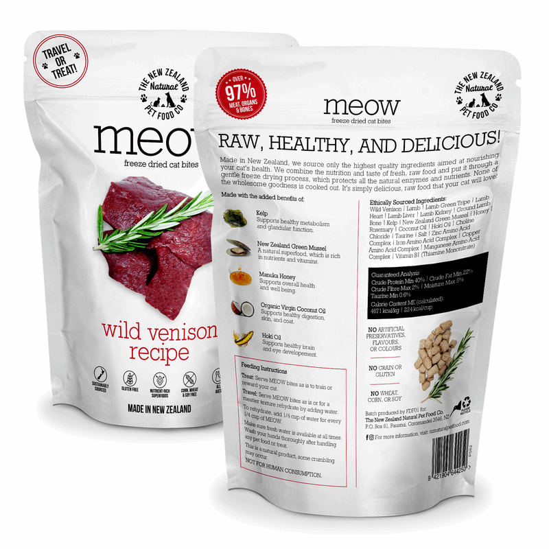 Two packages of meo! wild venison recipe pet food on a white background