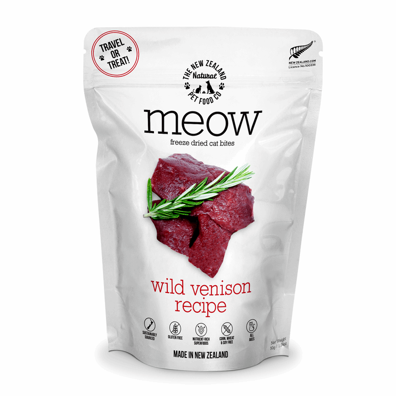 Package of meow freeze-dried cat bites with wild venison recipe on a white background