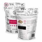 Meow cat food packaging with branding and product details on a white background