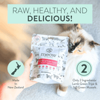 Cat with a package of 'meow' pet food, text about ingredients and origin.