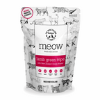Package of 'meow' lamb green tripe cat treats with New Zealand Green Mussel on a white background