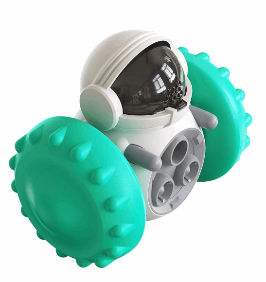 Toy robot with green and gray design on a white background