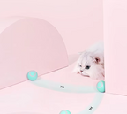 White cat playing with a toy on a pink and light blue geometric background
