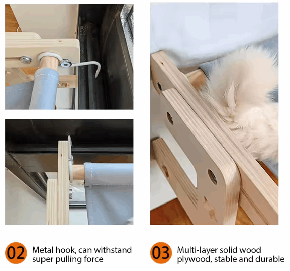 Collage of a metal hook and multi-layer solid wood plywood with text indicating features.