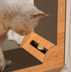 Cat using a wooden scratching post with a textured surface