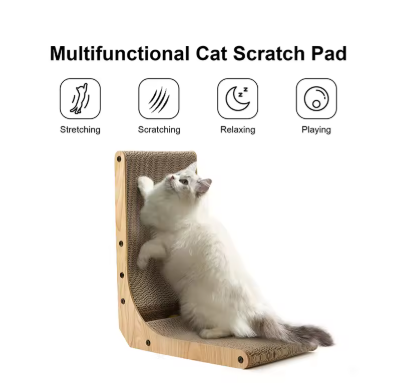 Multifunctional cat scratch pad with a cat sitting on it, featuring icons for stretching, scratching, relaxing, and playing.