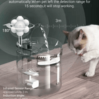 Pet water fountain with cat interacting, showing water flow and sensor range on a wooden floor.