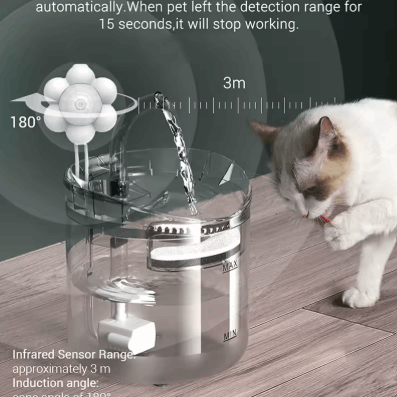 Pet water fountain with cat interacting, showing water flow and sensor range on a wooden floor.