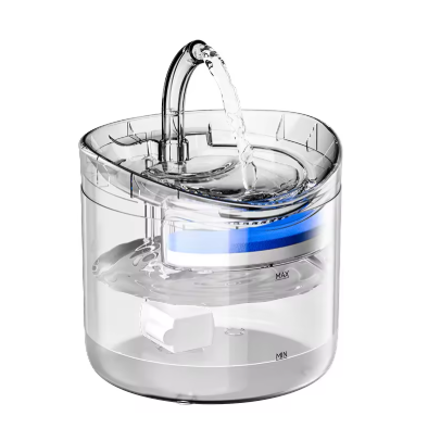 Clear water filter pitcher with blue light on a white background