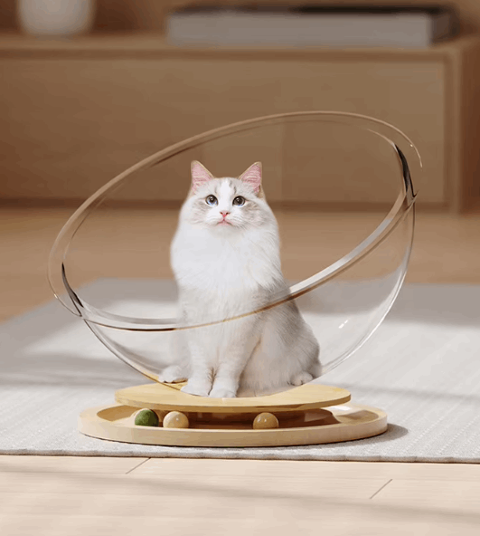 White cat sitting on a transparent glass and wooden pet toy