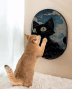 Cat interacting with a round, textured object resembling a cat on a wall.