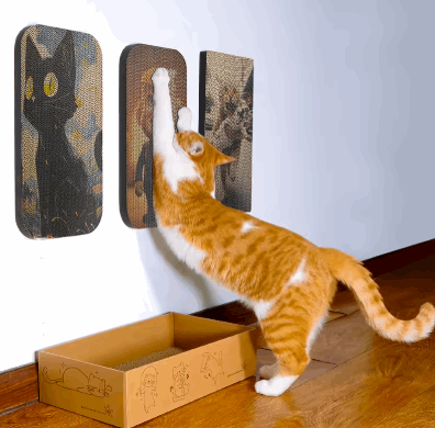 Cat playing with a cardboard box and scratching posts on a wooden floor.