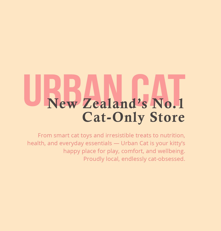 Advertisement for Urban Cat, New Zealand's No. 1 cat-only store, on a light pink background.
